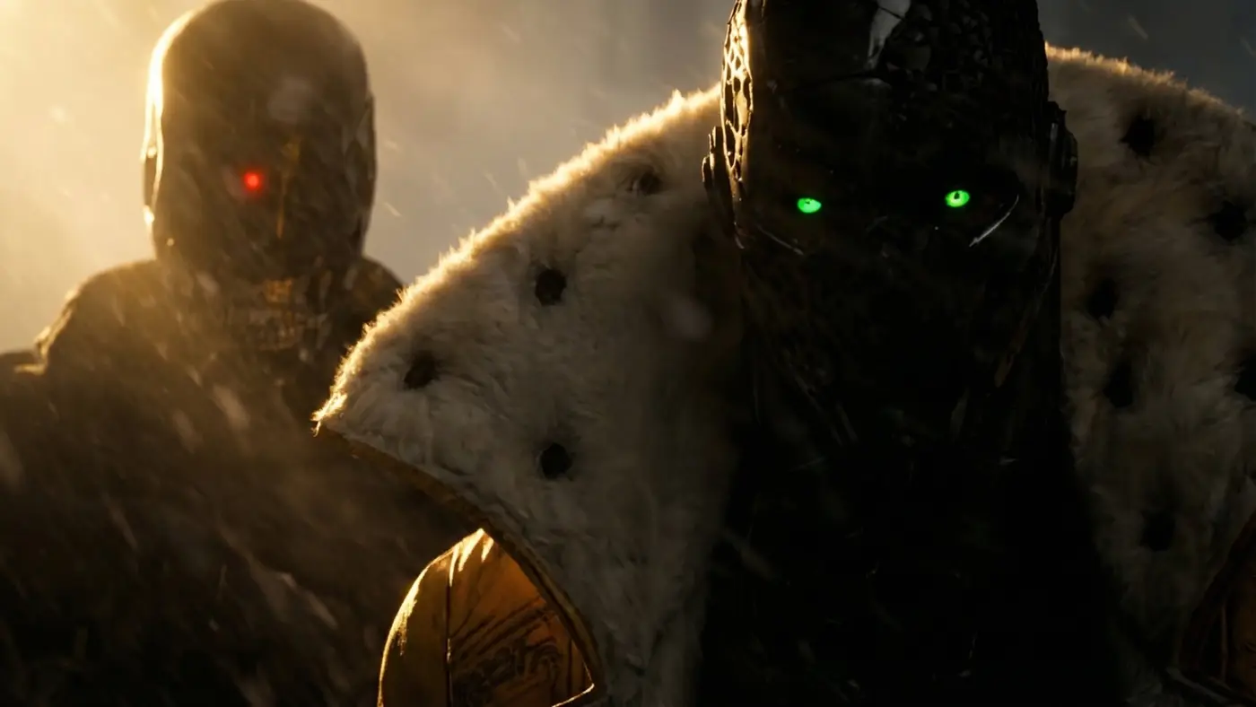 KHARMA still: two armored figures in a snowstorm