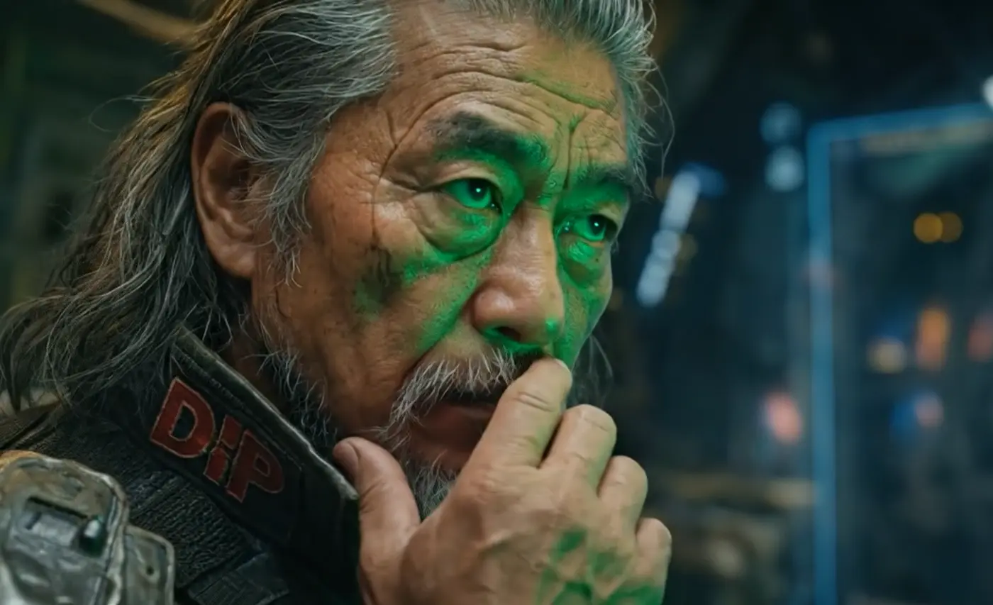 KHARMA still: an elder warrior lit in green