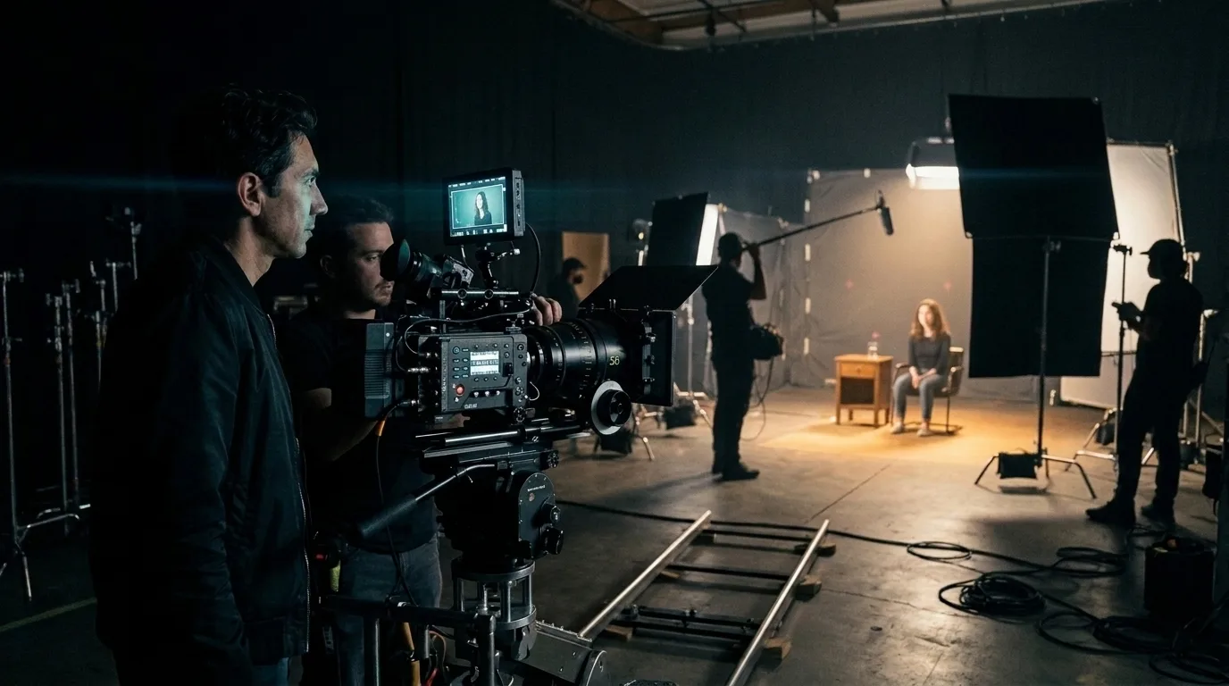Marcello L. Raso on set beside the camera, directing the actress for the Elizabethan scene, with camera operator, dolly track, boom and lights