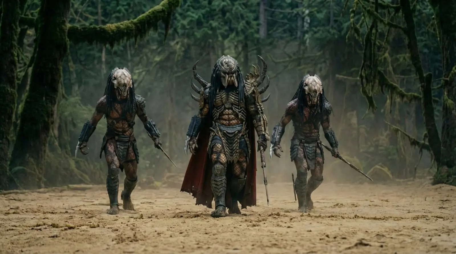 Predator Origins still: three hunters walking out of a misty forest