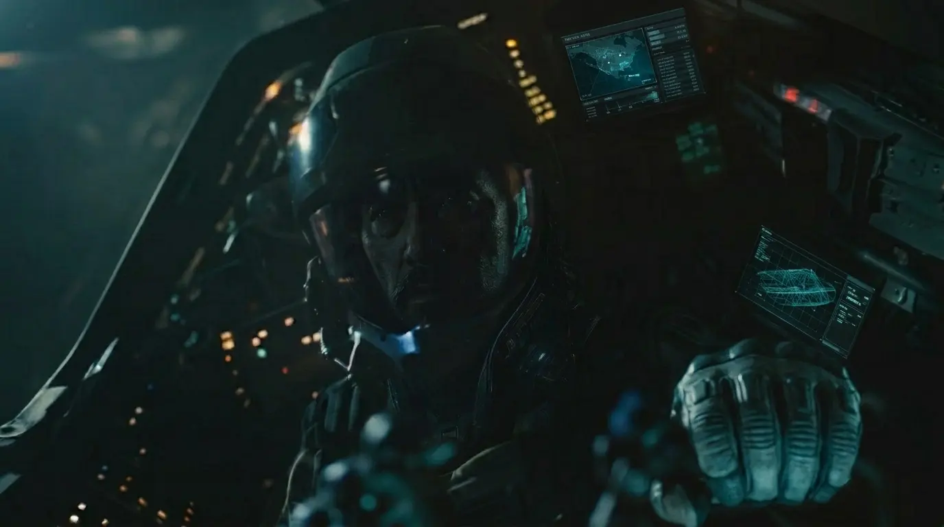 KHARMA still: a pilot in a dark cockpit