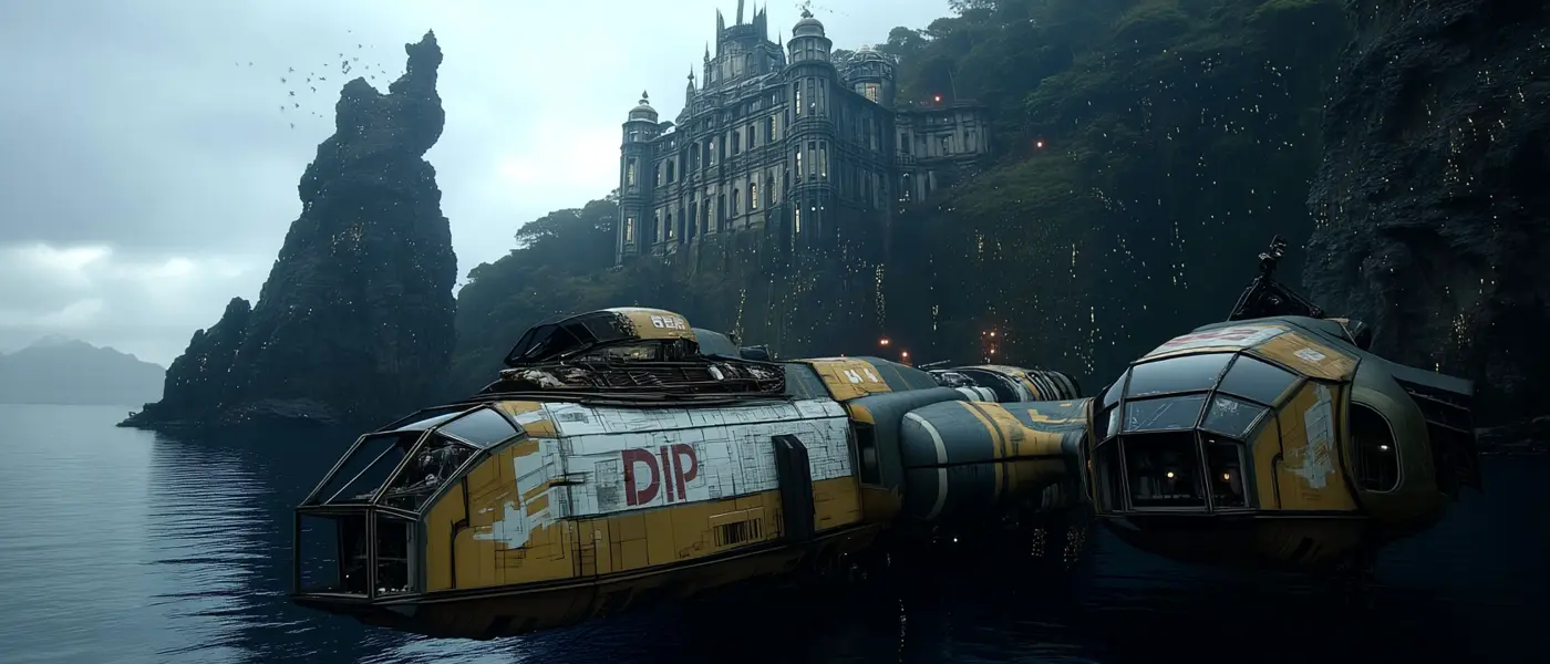 KHARMA still: a ship below a cliffside palace